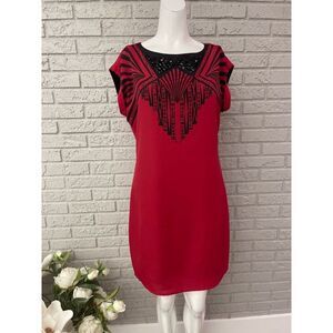 Timeless Naeem Khan Red & Black Beaded Shift Dress Size S